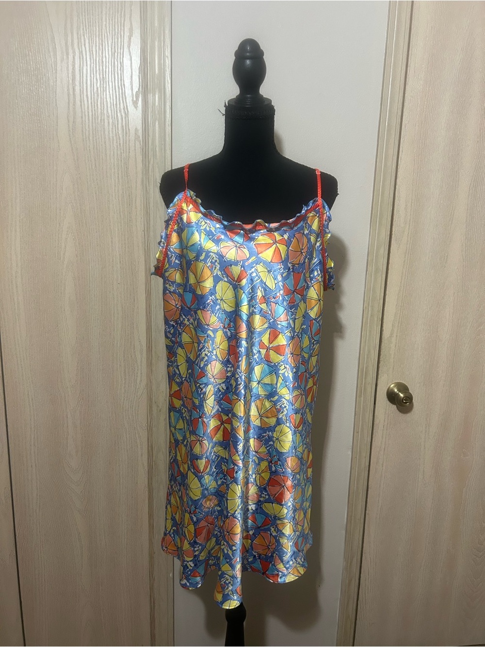 Cacique Blue Satin Slip with Yellow & Orange Umbrella Print